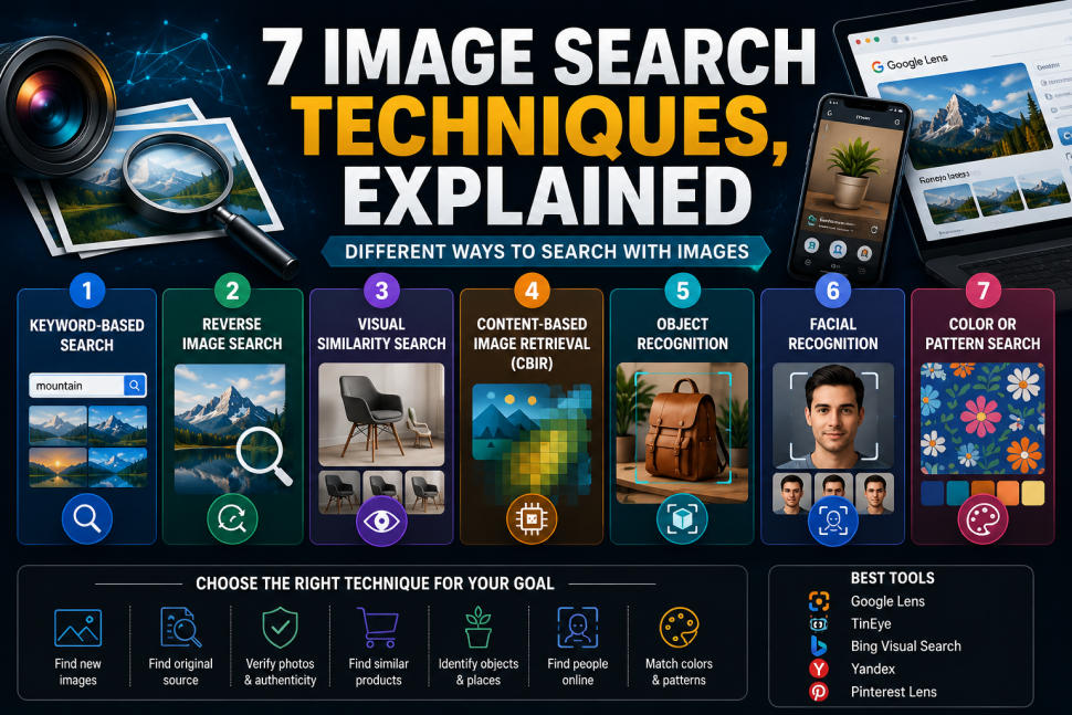 7 image search techniques explained with keyword search, reverse image search, visual similarity, CBIR, object recognition, facial recognition, and color pattern search