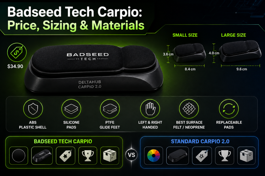 Badseed Tech Carpio price, sizing, materials, and feature comparison infographic
