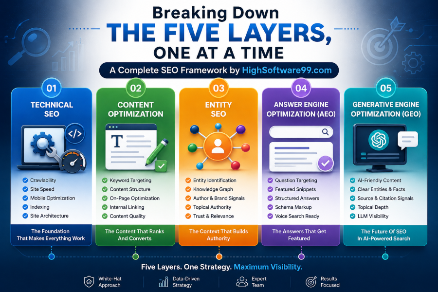 Five SEO layers including Technical SEO, Content Optimization, Entity SEO, AEO, and GEO