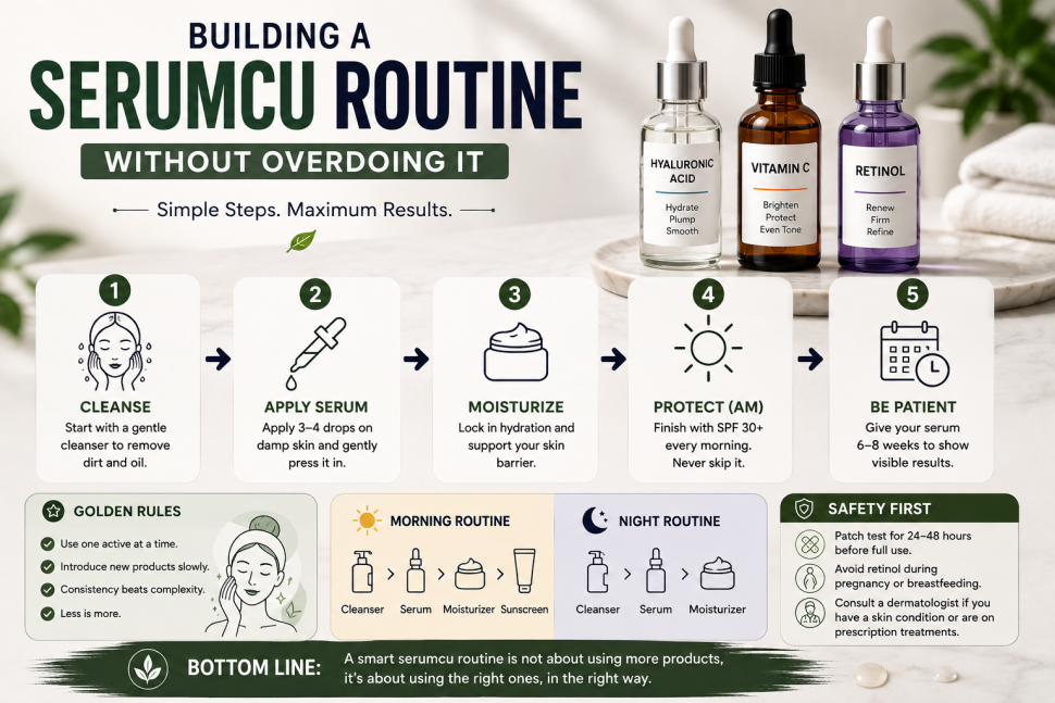 Serumcu skincare routine with cleansing, serum application, moisturizing, SPF protection, and simple skincare steps.