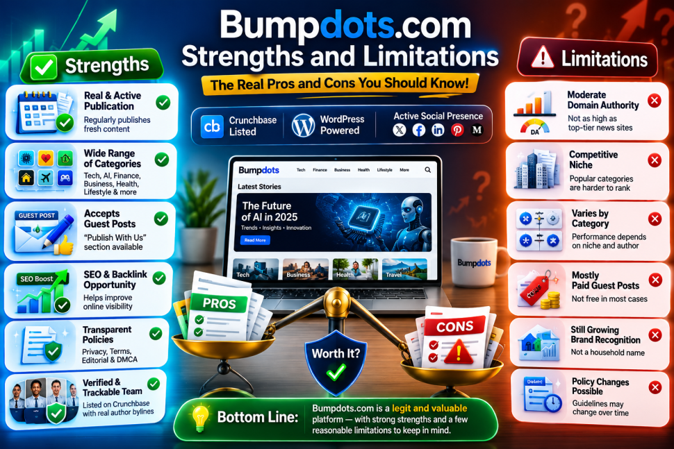 Bumpdots.com strengths and limitations comparison showing guest posting opportunities, SEO benefits, broad categories, domain authority, competition, pricing, and policy considerations