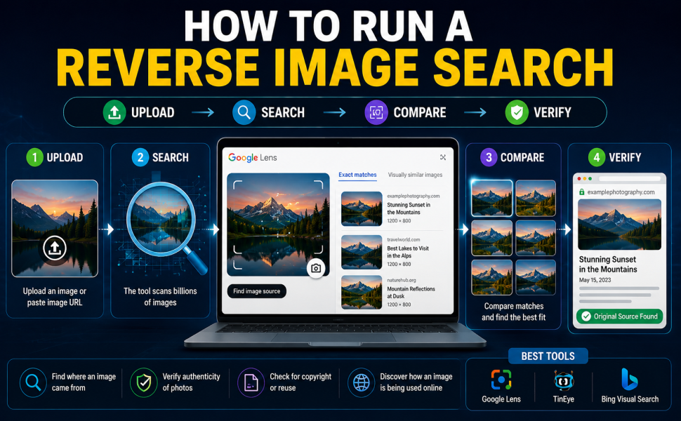How to run a reverse image search using image upload, visual matching, source comparison, and verification