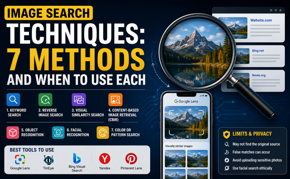 Image Search Techniques: 7 methods including keyword, reverse image, visual similarity, object, facial, and color search