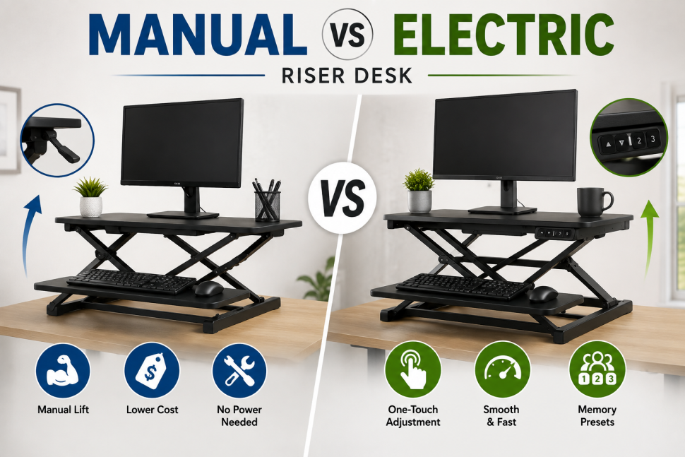 Manual vs electric riser desk comparison with height adjustment features