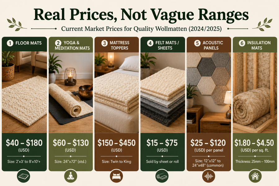 Wollmatten price guide showing wool floor mats, yoga mats, mattress toppers, felt sheets, acoustic panels, and insulation mats.