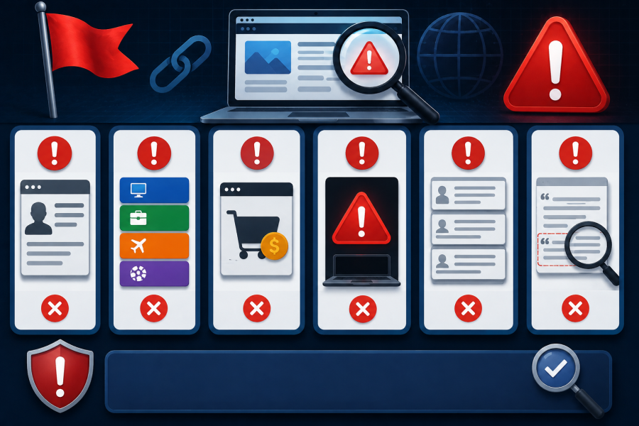 Dark tech-themed illustration showing red flags, warning symbols, a laptop, links, anonymous profiles, paid content, duplicate articles, and a magnifying glass representing guest-post website risks.