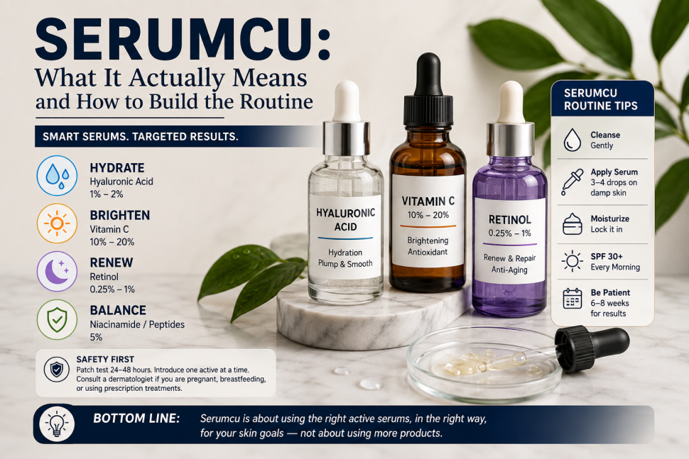 Serumcu skincare routine featuring hyaluronic acid, vitamin C, retinol, niacinamide, and practical serum application tips.