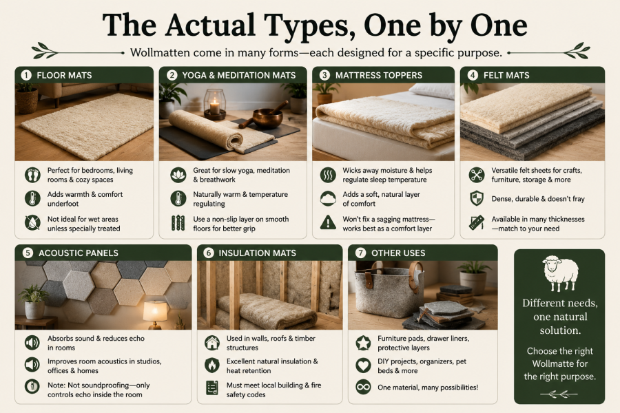 Different types of Wollmatten including floor mats, yoga mats, mattress toppers, felt mats, acoustic panels, and insulation mats.
