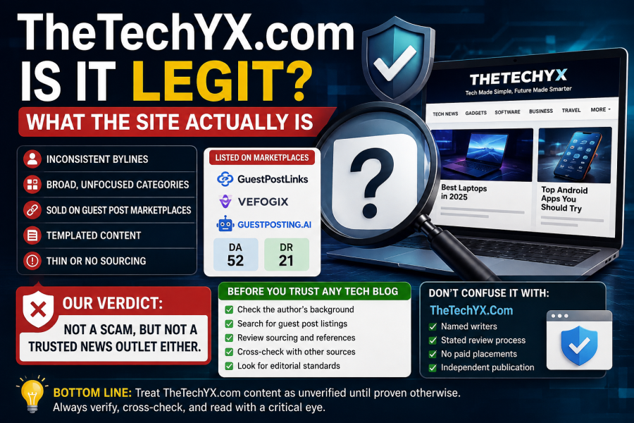 TheTechYX.com legitimacy review showing a tech website, magnifying glass, warning icons, guest-post marketplace signals, and a checklist for verifying online sources.