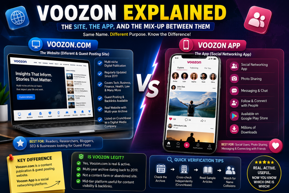 Voozon explained comparison showing Voozon.com website and Voozon social networking app