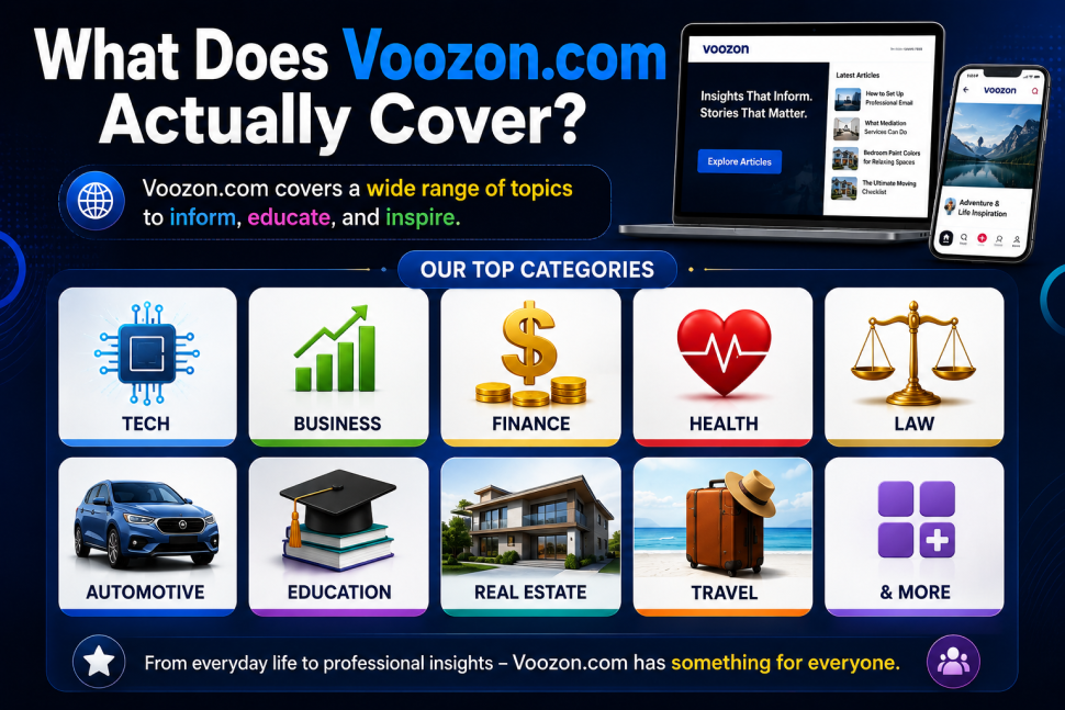 Voozon.com categories including Tech, Business, Finance, Health, Law, Automotive, Education, Real Estate, and Travel