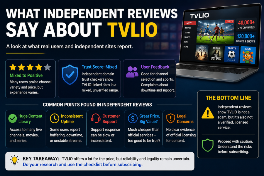 Independent TVLIO reviews highlighting content variety, mixed trust, reliability, support, and legal concerns