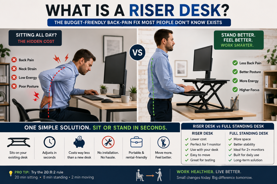Riser desk vs sitting comparison showing posture, comfort, and standing benefits