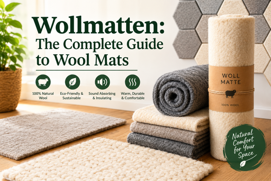 Wollmatten wool mats guide showing natural wool mats, rolls, and home uses