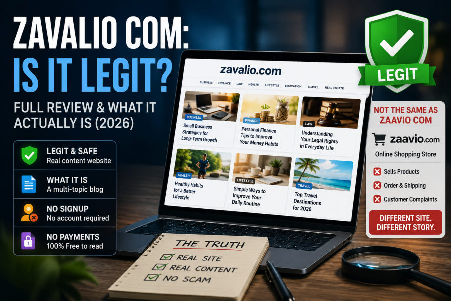 Zavalio Com legitimacy review showing a multi-topic blog and comparison with Zaavio Com