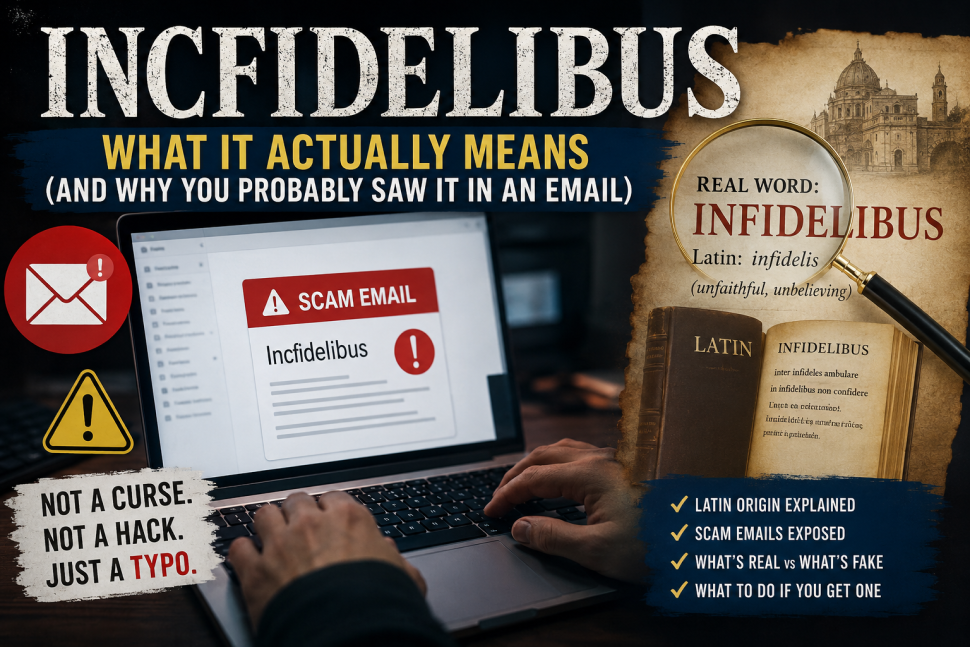 Incfidelibus meaning explained with Latin word infidelibus and scam email warning