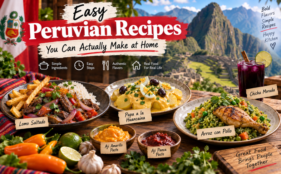 Easy Peruvian recipes featuring lomo saltado, papa a la huancaina, arroz con pollo, and chicha morada
