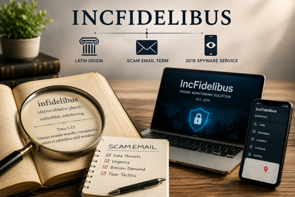 Incfidelibus explained through Latin origins, scam emails, and a 2019 spyware service.