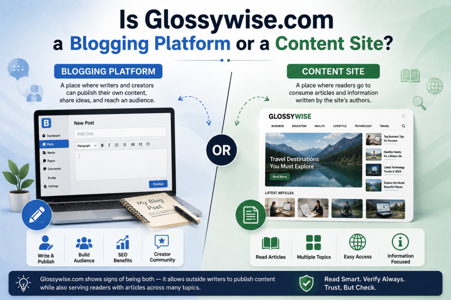 Glossywise.com as a blogging platform or content site, showing writers publishing content and readers browsing articles.