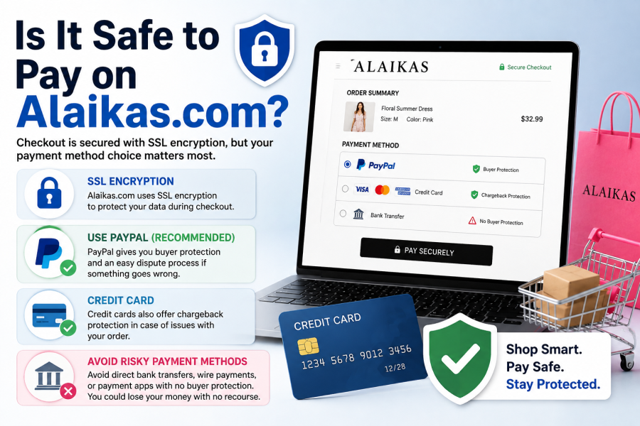 Is it safe to pay on Alaikas.com? Online payment security with SSL, PayPal, credit card, and buyer protection.