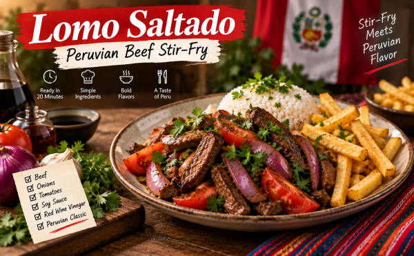 Lomo Saltado Peruvian beef stir-fry with onions, tomatoes, fries, rice, and cilantro