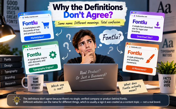 Fontlu definitions compared across different websites showing conflicting meanings and unclear brand identity