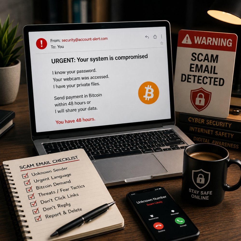Incfidelibus scam email warning with Bitcoin extortion message on a laptop.