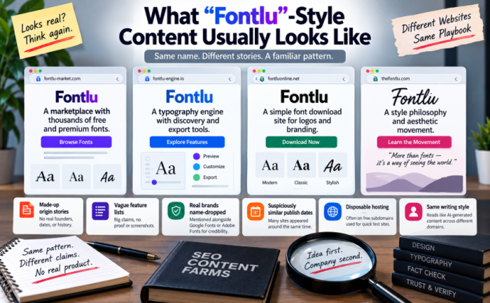 Fontlu-style content showing different websites, vague claims, SEO red flags, and repeated AI-like patterns