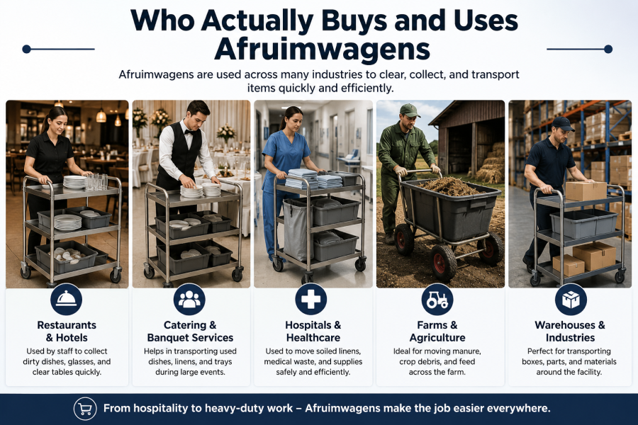 Who buys and uses Afruimwagens in restaurants, hotels, healthcare, farms, and warehouses