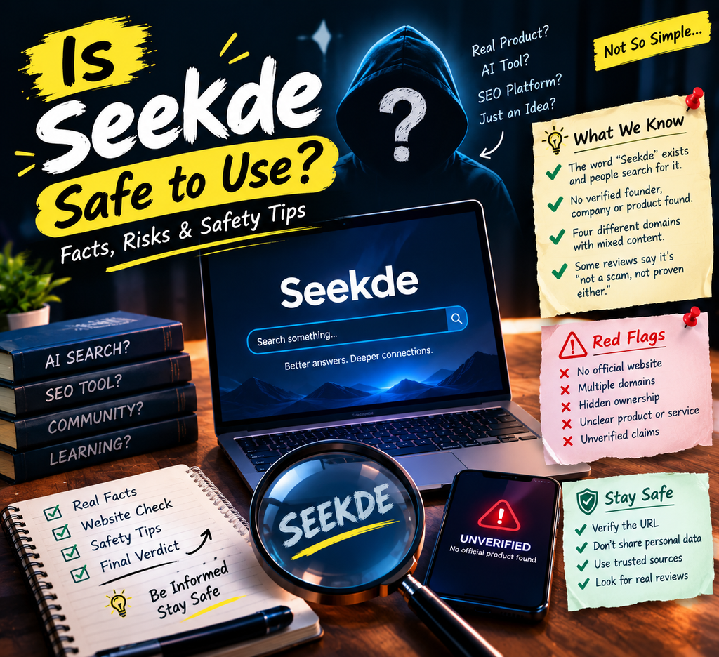 Is Seekde Safe to Use infographic featuring website red flags, an unverified Seekde platform, online security risks, and safety tips.